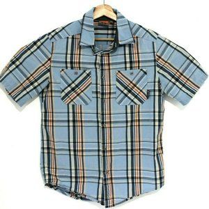 Merrell Mens Size Medium Blue Plaid Metal Button Down Short Sleeve Shirt